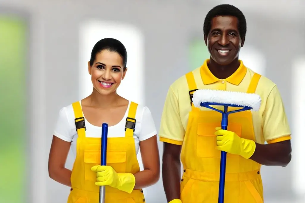 professioneller Afroamerikaner Mann Frau in hellgelben Polo T-Shirts overall